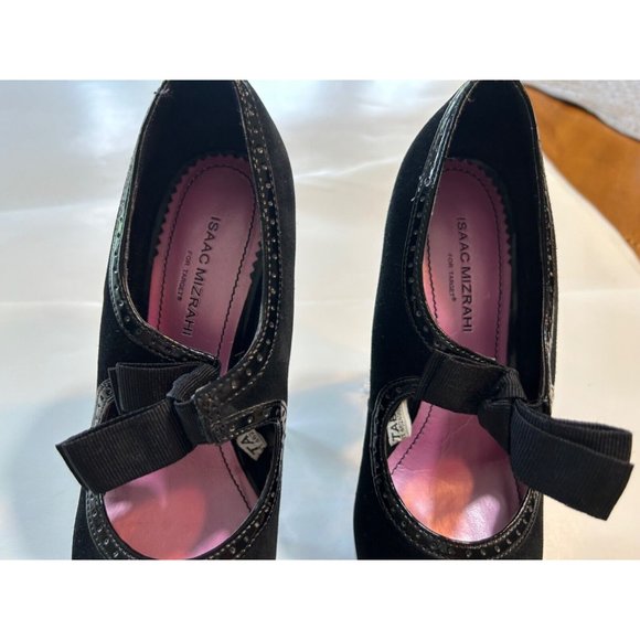 Women's Isaac Mizrahi Heels Size 5.5 Leather Suede Black 4 Inch Heel Satin Bow - Picture 3 of 9